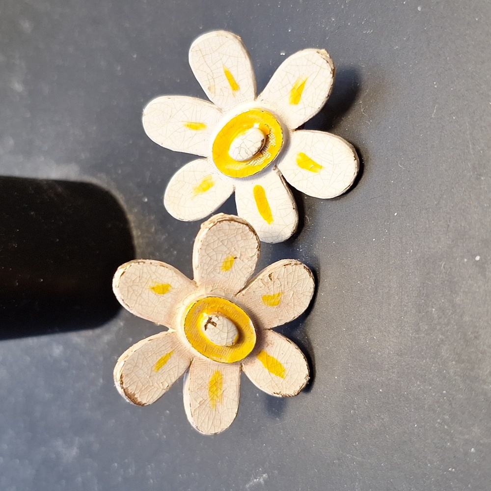 Clip On Earrings Daisy Flower White  Yellow Enamel on Gold metal Vintage